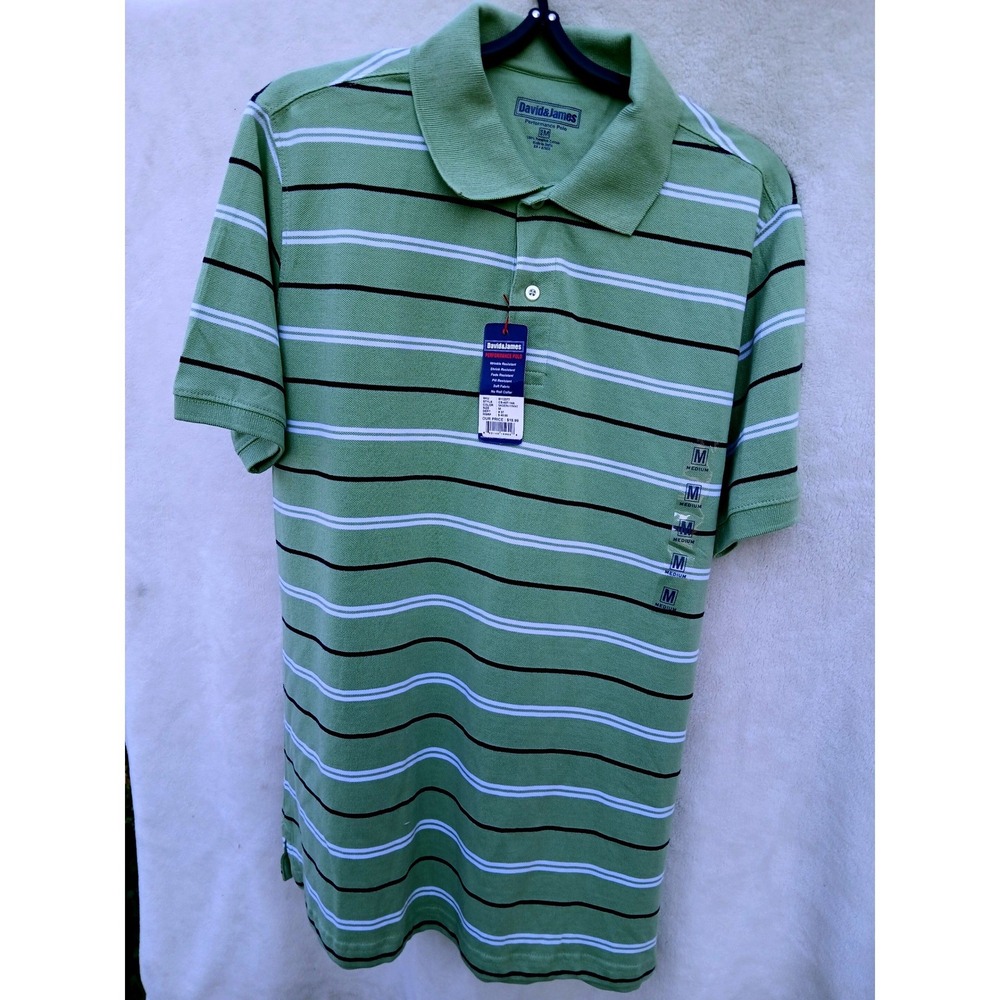 David & James Performance Polo Men Medium Green Striped NWT Wrinkle‎ Resistant